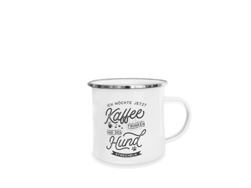 Pfotenschild Emaille-Tasse Kaffee trinken Hund streicheln