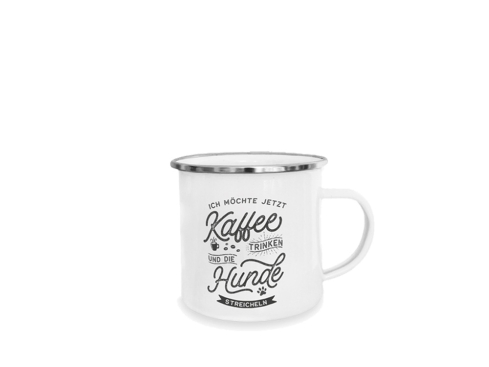 Pfotenschild Emaille-Tasse Kaffee trinken Hunde streicheln