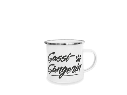 Pfotenschild Emaille-Tasse Gassi Gängerin