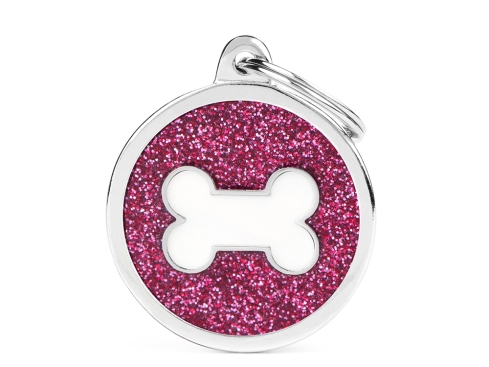 Hundemarke Kreis & Knochen rosa Glitzer mit Gravur