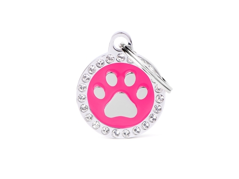 Hundemarke Kreis & Pfote fuchsia Strass mit Gravur