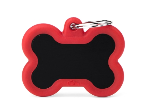 Hundemarke Knochen Alu schwarz/rot gummiert mit Gravur