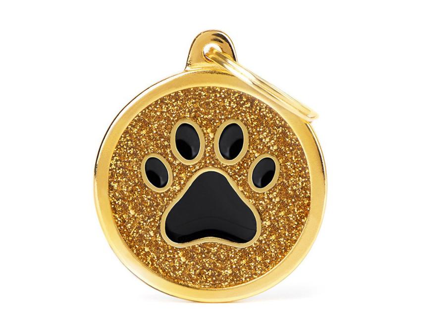 Hundemarke Kreis & Pfote gold Glitzer mit Gravur 1