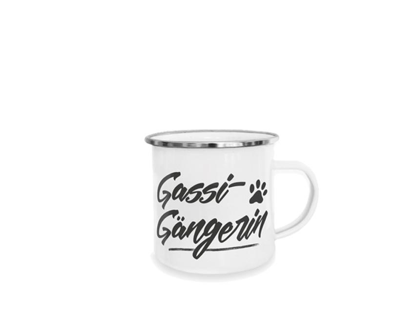 Pfotenschild Emaille-Tasse Gassi Gängerin 1