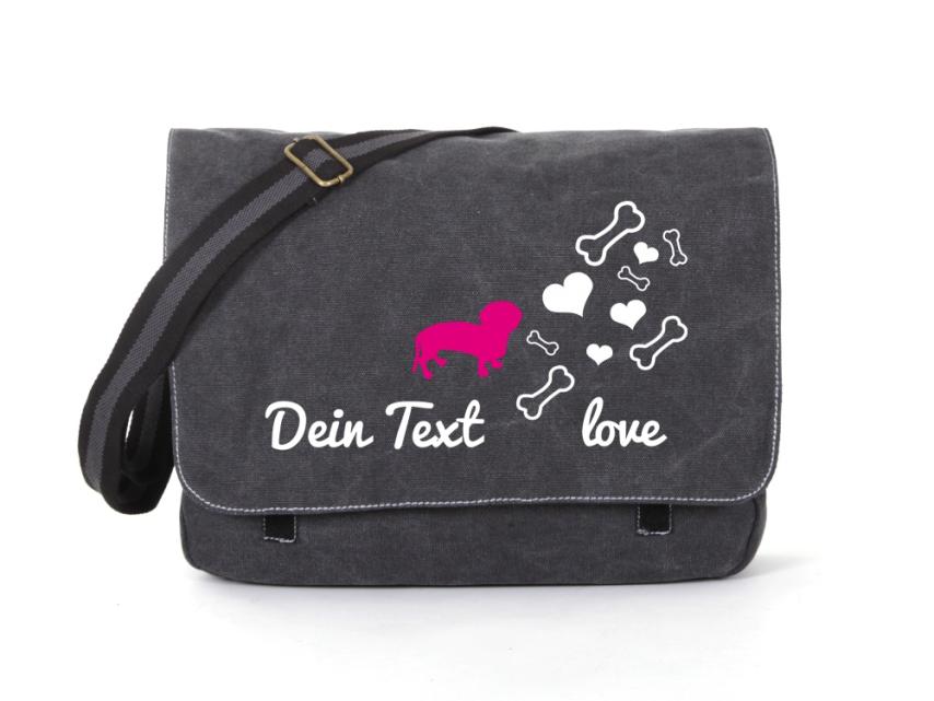 Dackel Canvas Tasche schwarz Bones & Hearts 1