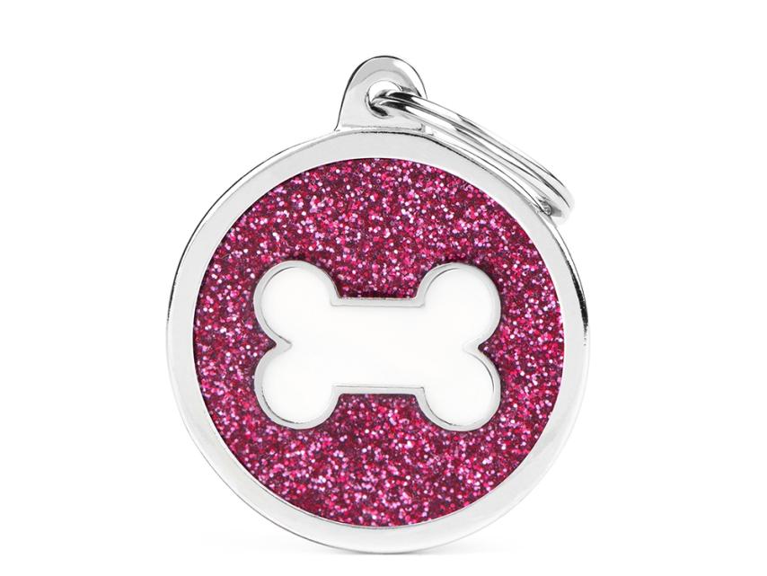 Hundemarke Kreis & Knochen rosa Glitzer mit Gravur 1