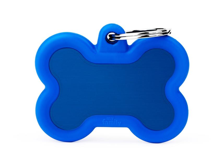 Hundemarke Knochen Alu schwarz/blau gummiert mit Gravur 1