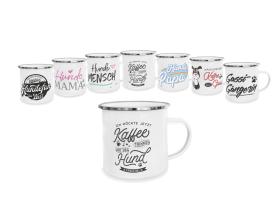 Pfotenschild Emaille-Tasse Kaffee trinken Hund streicheln 2