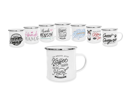 Pfotenschild Emaille-Tasse Kaffee trinken Hund streicheln